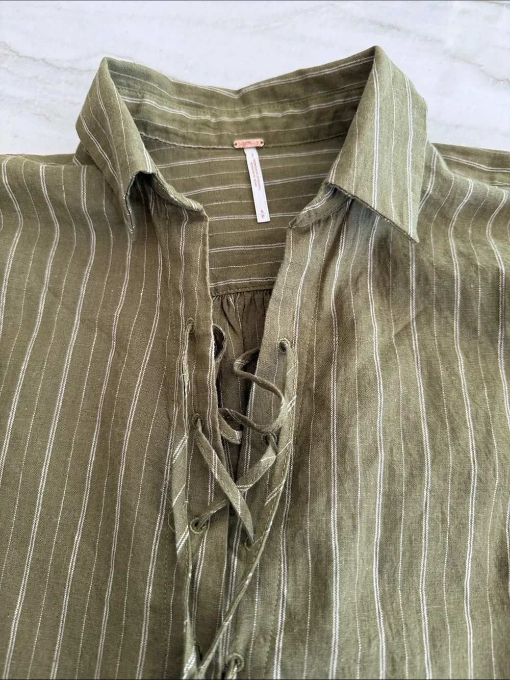 Free People Olive Stripe Lace-Up Women's Blouse size s